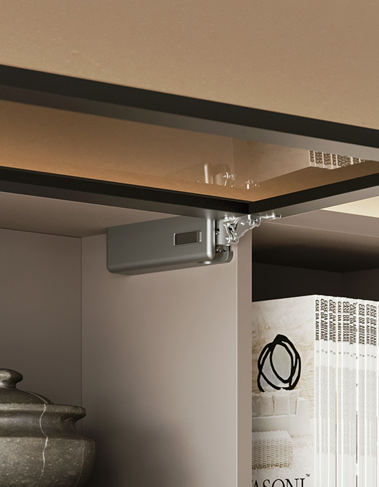 Hinge for upward opening flap doors compact, quiet and easy to install